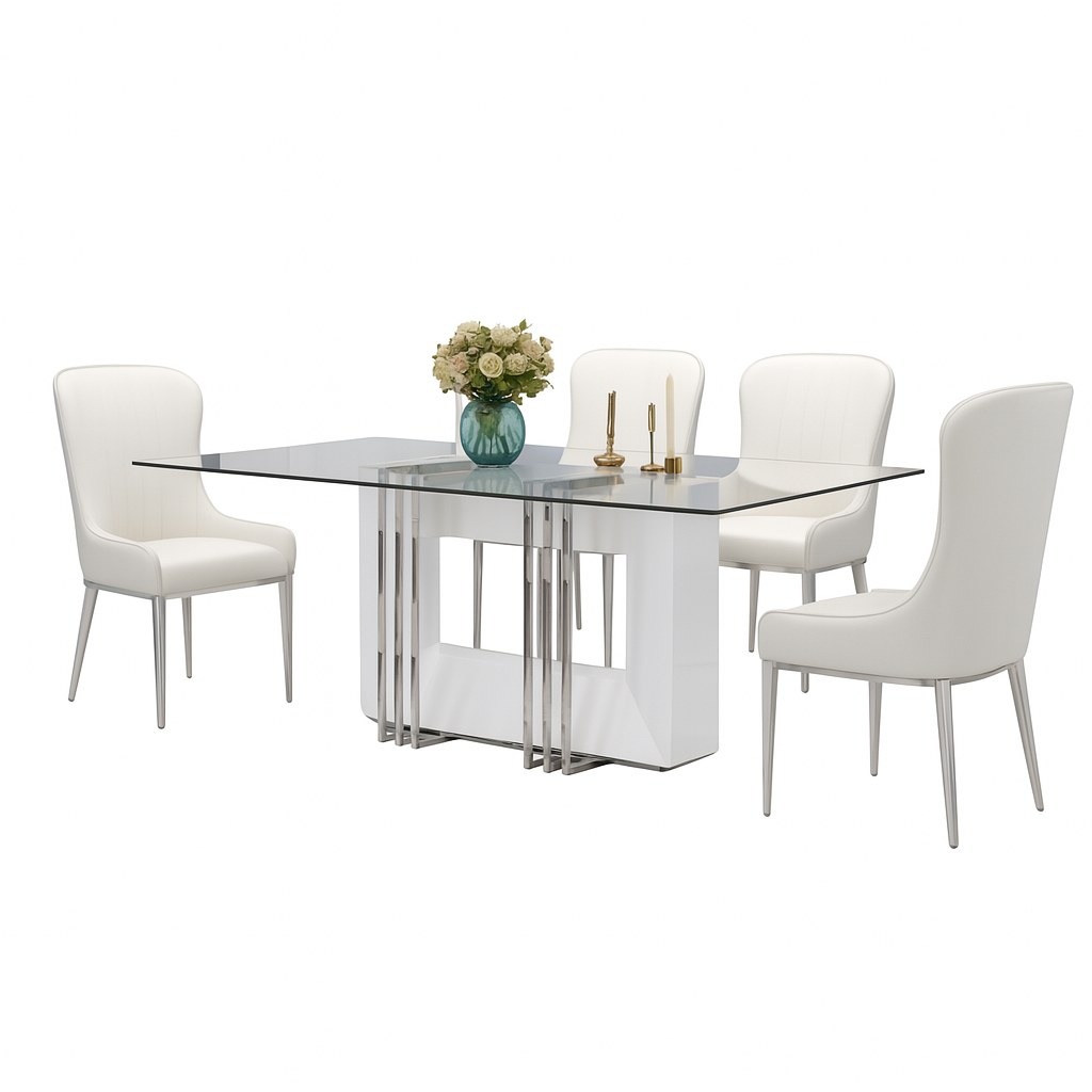 Mesa de jantar- Branco glossy + Cromo com 8 cadeiras- L2000 x L1000 x A760 